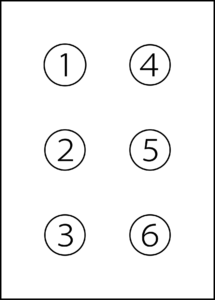 Schéma de la grille braille avec les points numérotés 1,2,3 à gauche et 4,5,6 à droite